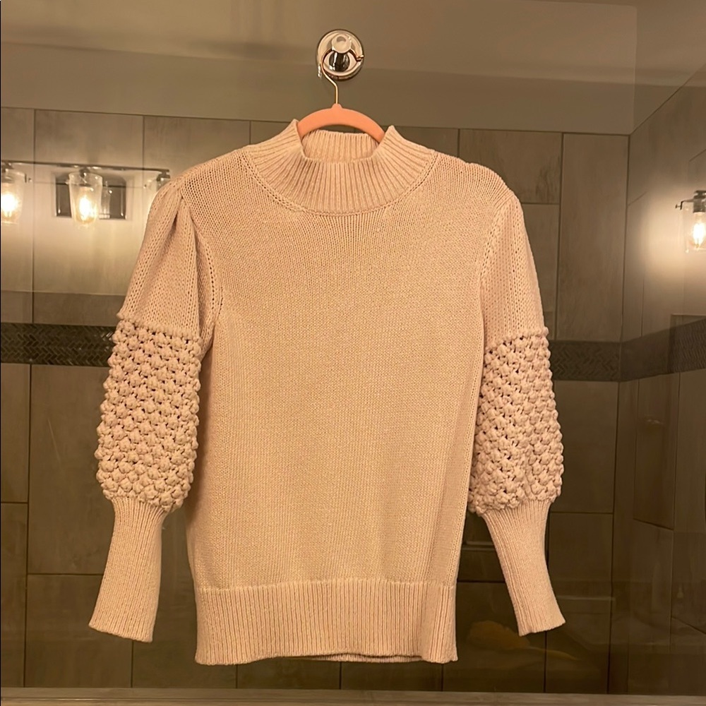 Trina Turk Cream Cowl Neck Sweater with Textured Sleeves